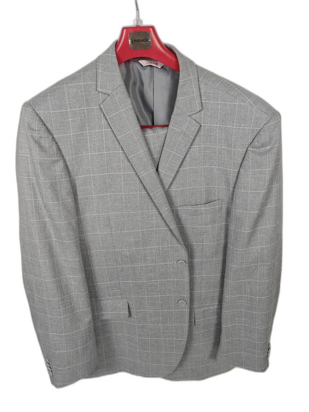 Lineage Men's Gray Windowpane 2-Piece Suit 42R Stretch Classic Fit
